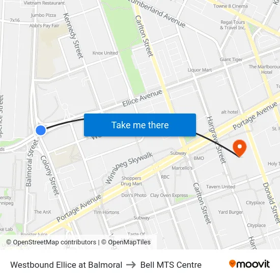 Westbound Ellice at Balmoral to Bell MTS Centre map