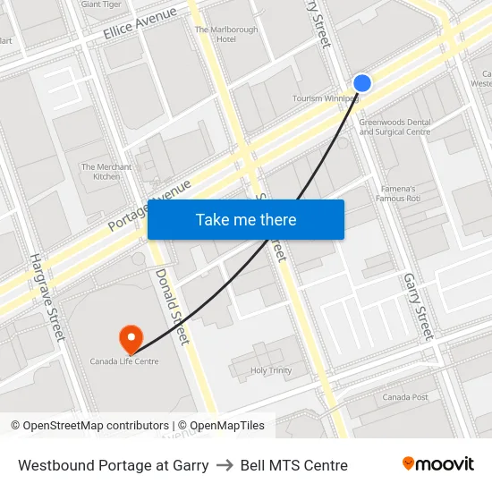 Westbound Portage at Garry to Bell MTS Centre map