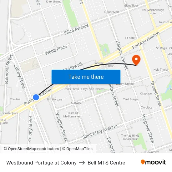 Westbound Portage at Colony to Bell MTS Centre map