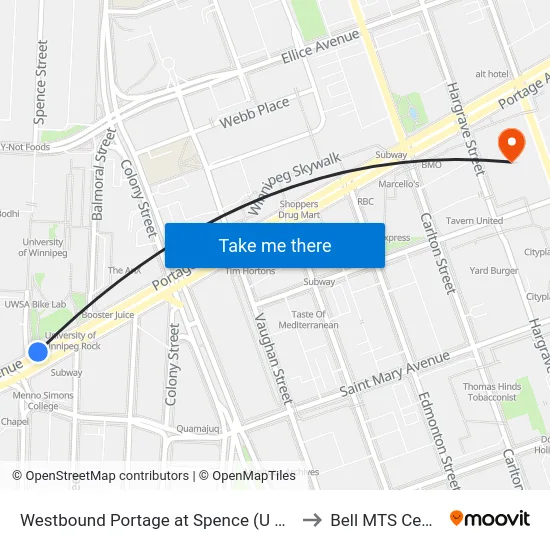 Westbound Portage at Spence (U Of W) to Bell MTS Centre map