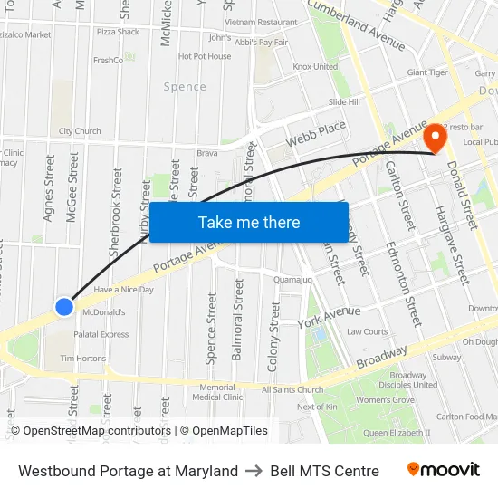 Westbound Portage at Maryland to Bell MTS Centre map