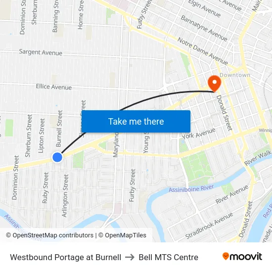 Westbound Portage at Burnell to Bell MTS Centre map