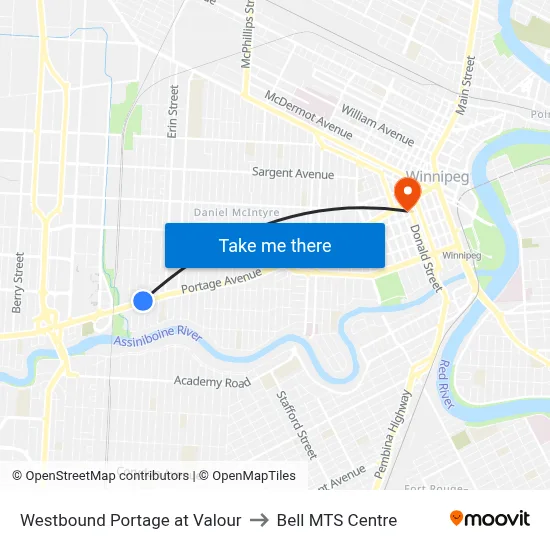 Westbound Portage at Valour to Bell MTS Centre map