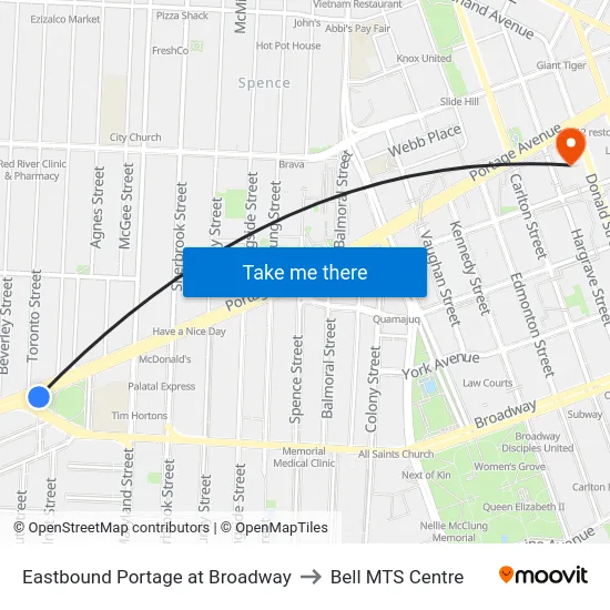 Eastbound Portage at Broadway to Bell MTS Centre map