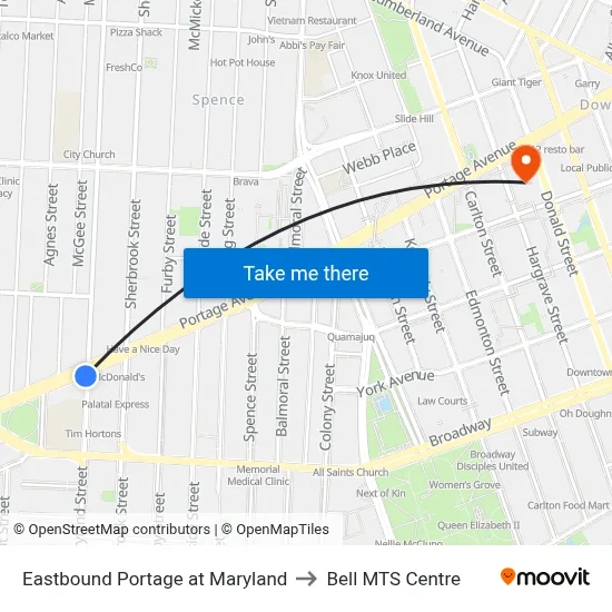 Eastbound Portage at Maryland to Bell MTS Centre map