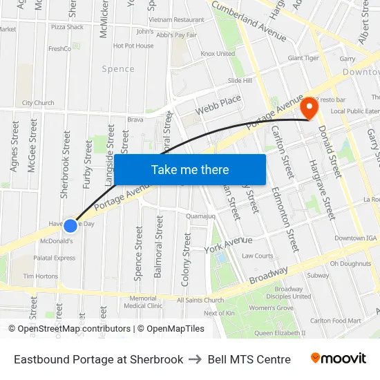 Eastbound Portage at Sherbrook to Bell MTS Centre map
