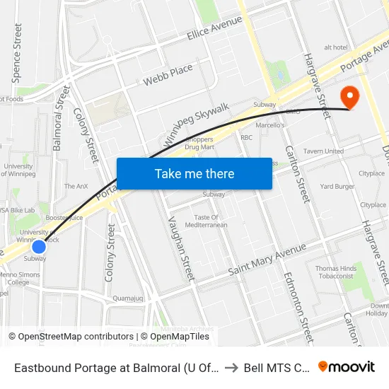 Eastbound Portage at Balmoral (U Of Winnipeg) to Bell MTS Centre map