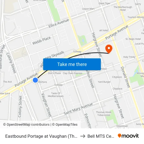 Eastbound Portage at Vaughan (The Bay) to Bell MTS Centre map