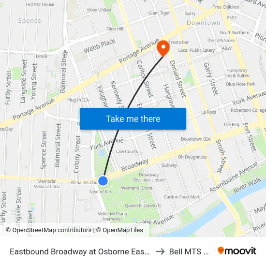 Eastbound Broadway at Osborne East (Legislature) to Bell MTS Centre map