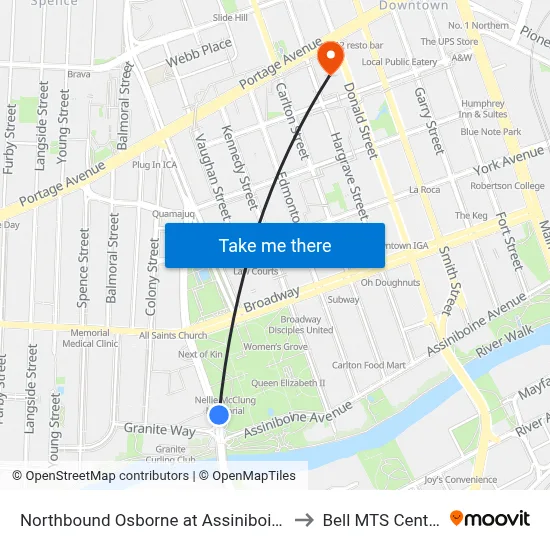 Northbound Osborne at Assiniboine to Bell MTS Centre map