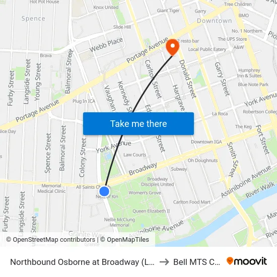 Northbound Osborne at Broadway (Legislature) to Bell MTS Centre map