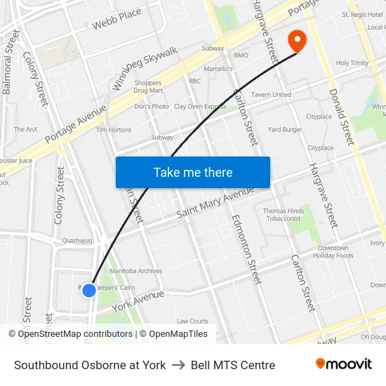 Southbound Osborne at York to Bell MTS Centre map