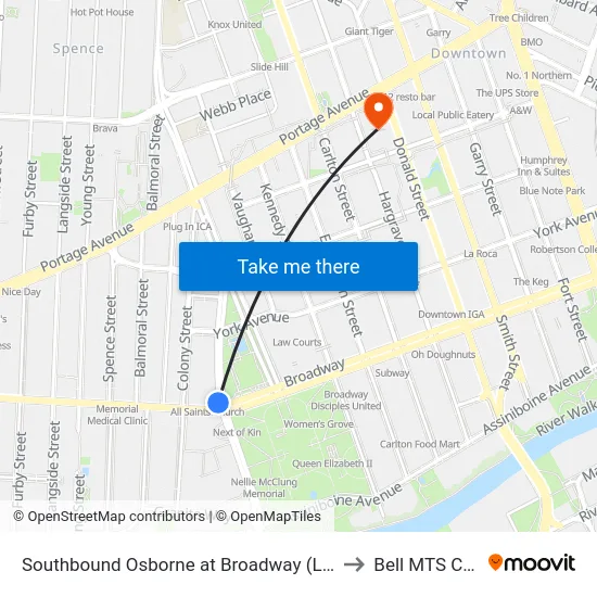 Southbound Osborne at Broadway (Legislature) to Bell MTS Centre map