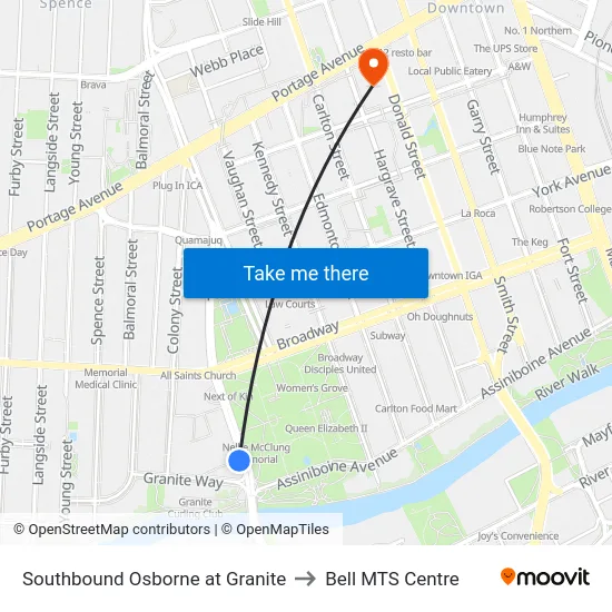 Southbound Osborne at Granite to Bell MTS Centre map
