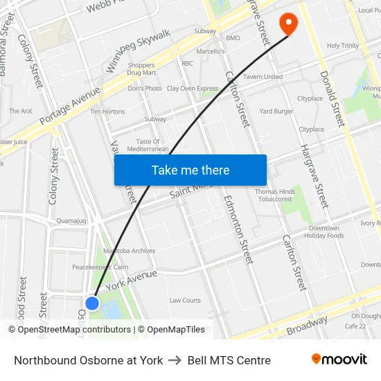 Northbound Osborne at York to Bell MTS Centre map