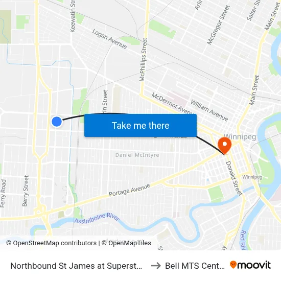 Northbound St James at Superstore to Bell MTS Centre map