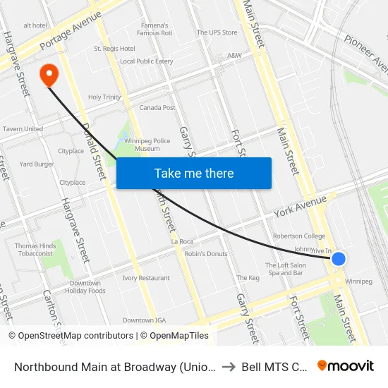 Northbound Main at Broadway (Union Station) to Bell MTS Centre map