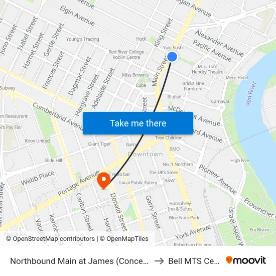Northbound Main at James (Concert Hall) to Bell MTS Centre map