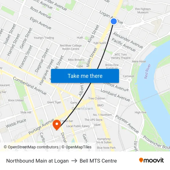 Northbound Main at Logan to Bell MTS Centre map