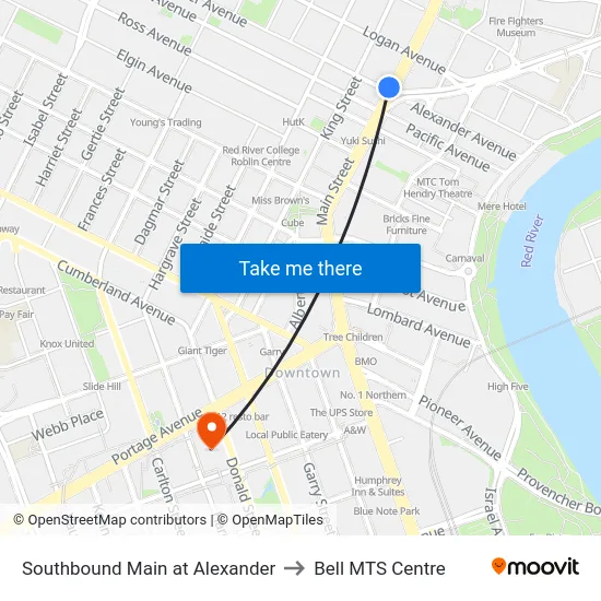 Southbound Main at Alexander to Bell MTS Centre map