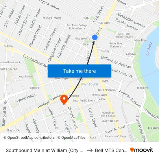 Southbound Main at William (City Hall) to Bell MTS Centre map