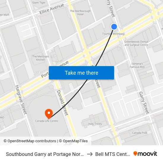 Southbound Garry at Portage North to Bell MTS Centre map