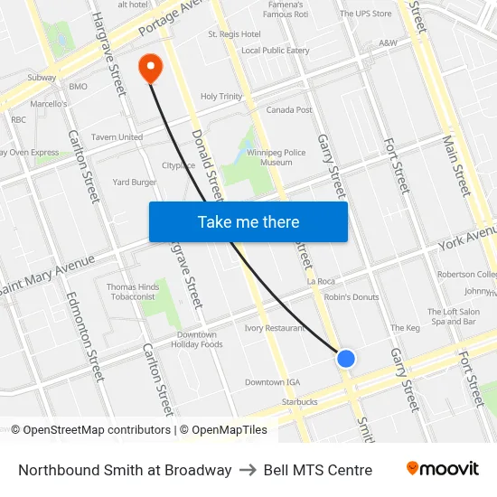 Northbound Smith at Broadway to Bell MTS Centre map