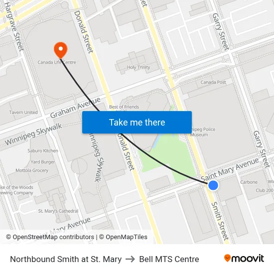 Northbound Smith at St. Mary to Bell MTS Centre map