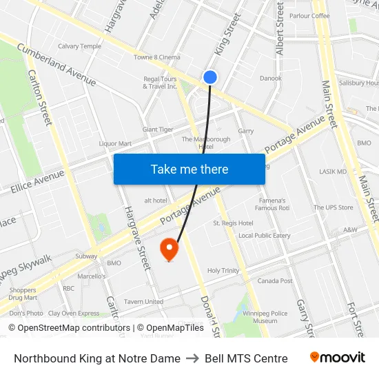 Northbound King at Notre Dame to Bell MTS Centre map