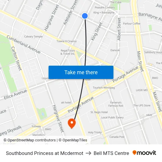 Southbound Princess at Mcdermot to Bell MTS Centre map