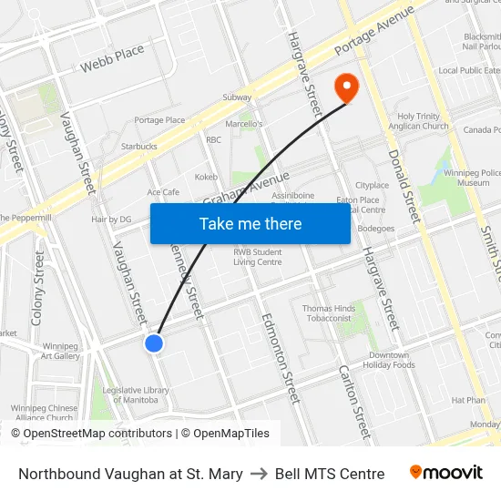 Northbound Vaughan at St. Mary to Bell MTS Centre map