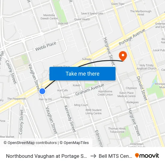 Northbound Vaughan at Portage South to Bell MTS Centre map