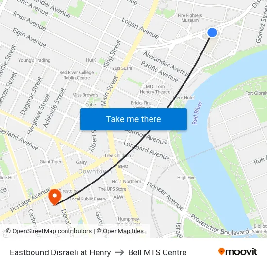 Eastbound Disraeli at Henry to Bell MTS Centre map