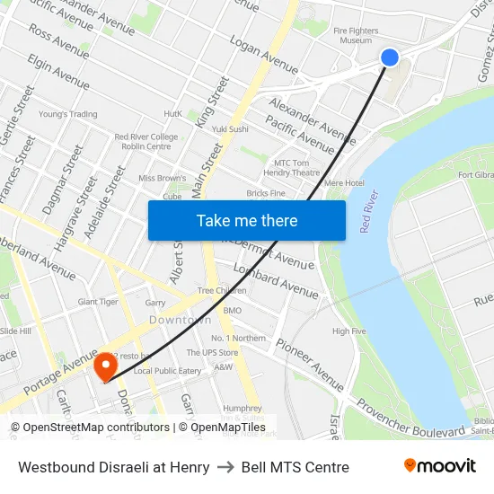 Westbound Disraeli at Henry to Bell MTS Centre map