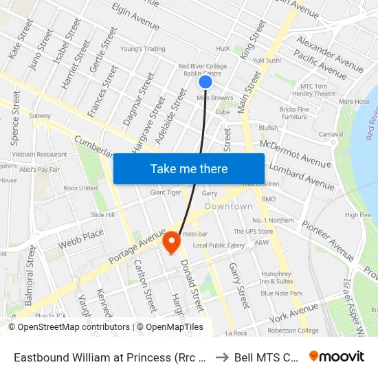 Eastbound William at Princess (Rrc Polytech) to Bell MTS Centre map