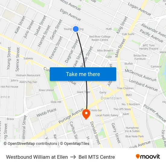 Westbound William at Ellen to Bell MTS Centre map