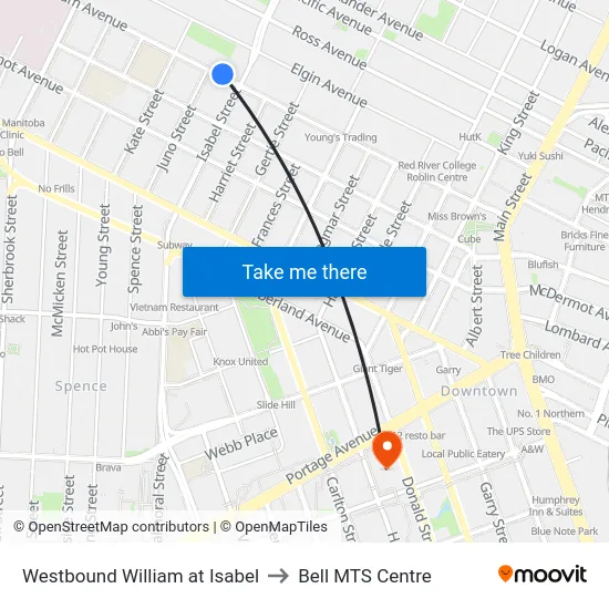 Westbound William at Isabel to Bell MTS Centre map