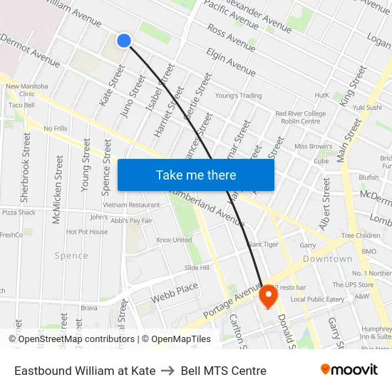 Eastbound William at Kate to Bell MTS Centre map
