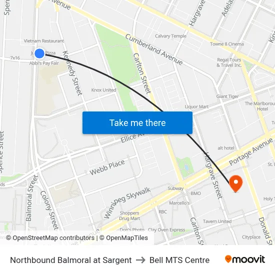 Northbound Balmoral at Sargent to Bell MTS Centre map