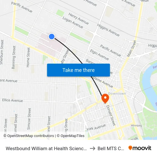 Westbound William at Health Sciences Centre to Bell MTS Centre map