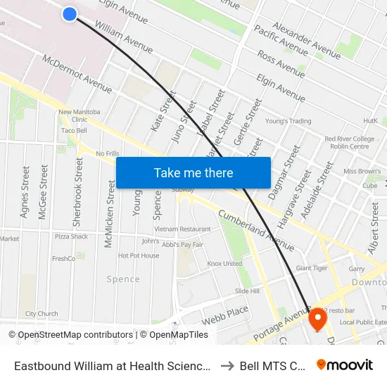 Eastbound William at Health Sciences Centre to Bell MTS Centre map