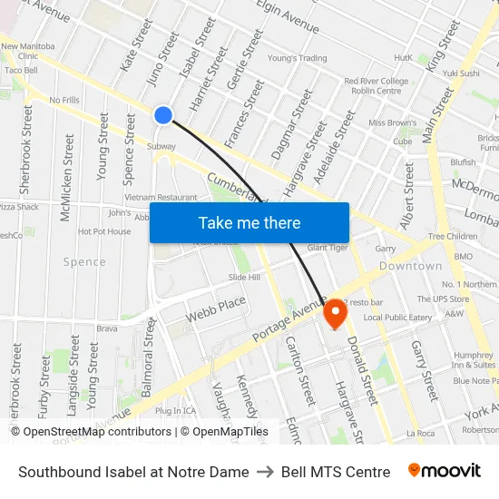 Southbound Isabel at Notre Dame to Bell MTS Centre map