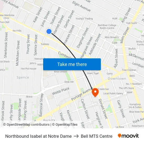 Northbound Isabel at Notre Dame to Bell MTS Centre map