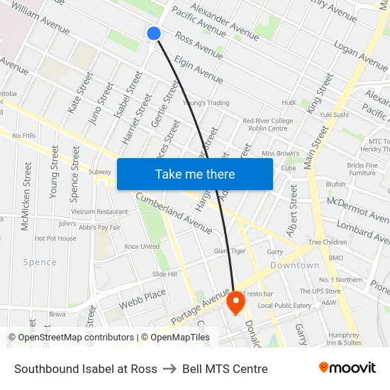 Southbound Isabel at Ross to Bell MTS Centre map