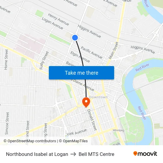 Northbound Isabel at Logan to Bell MTS Centre map