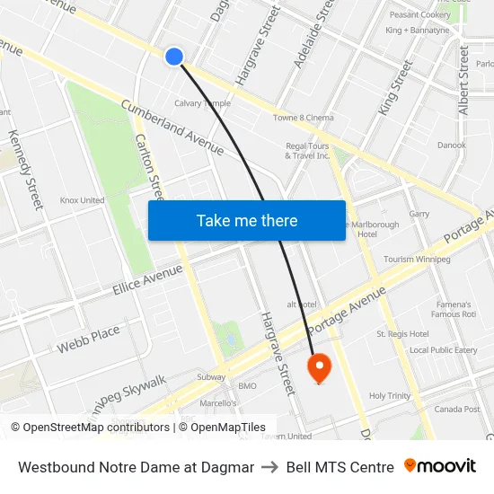 Westbound Notre Dame at Dagmar to Bell MTS Centre map