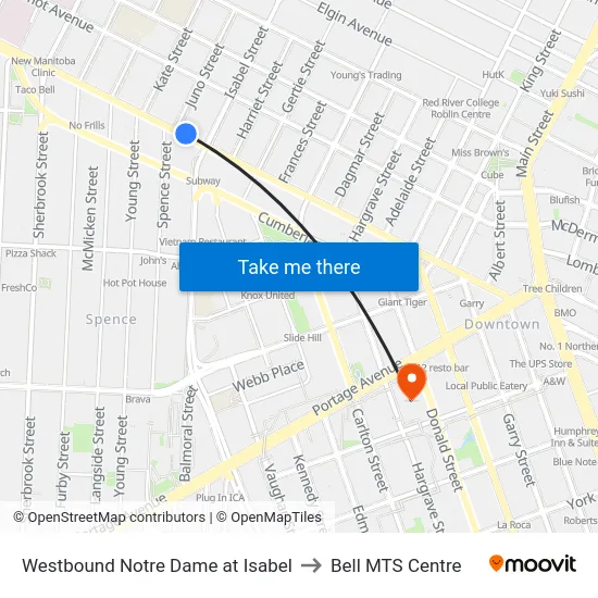 Westbound Notre Dame at Isabel to Bell MTS Centre map