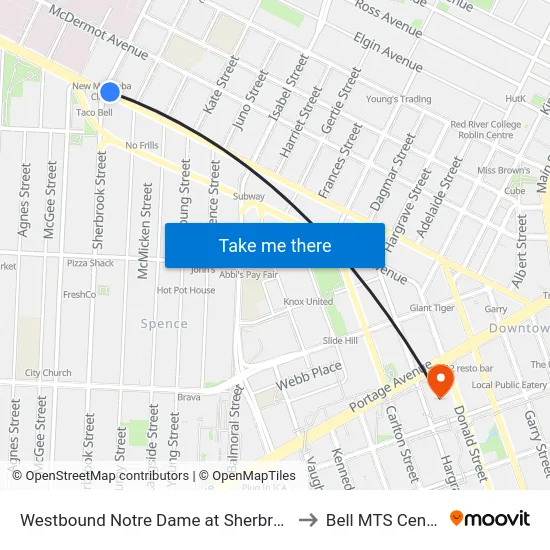 Westbound Notre Dame at Sherbrook to Bell MTS Centre map