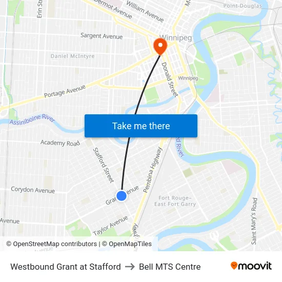 Westbound Grant at Stafford to Bell MTS Centre map
