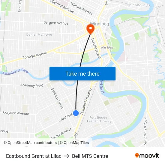 Eastbound Grant at Lilac to Bell MTS Centre map